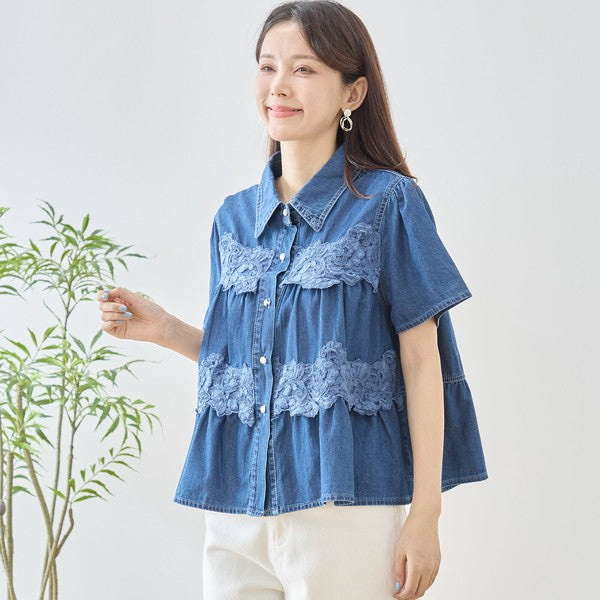 デニム フラワーレース ティアード切替 半袖 シャツ ゆったり 体型カバー 春夏 M-L