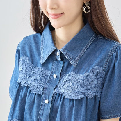 デニム フラワーレース ティアード切替 半袖 シャツ ゆったり 体型カバー 春夏 M-L