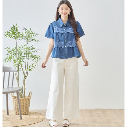 デニム フラワーレース ティアード切替 半袖 シャツ ゆったり 体型カバー 春夏 M-L