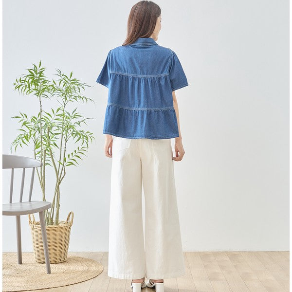 デニム フラワーレース ティアード切替 半袖 シャツ ゆったり 体型カバー 春夏 M-L
