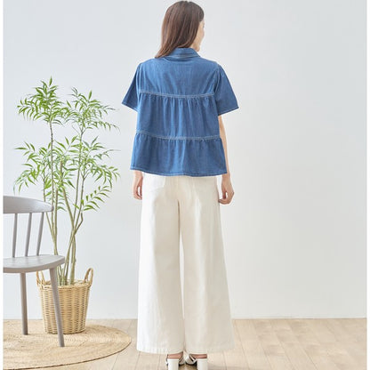 デニム フラワーレース ティアード切替 半袖 シャツ ゆったり 体型カバー 春夏 M-L