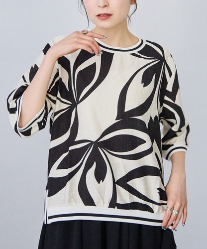 モノトーン アート ボタニカル グラフィック Tシャツ 配色ライン スリット