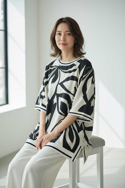 モノトーン アート ボタニカル グラフィック Tシャツ 配色ライン スリット