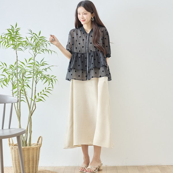 ドット柄 シアー ティアード ジャケット 半袖 ジップアップ 羽織り ゆったり
