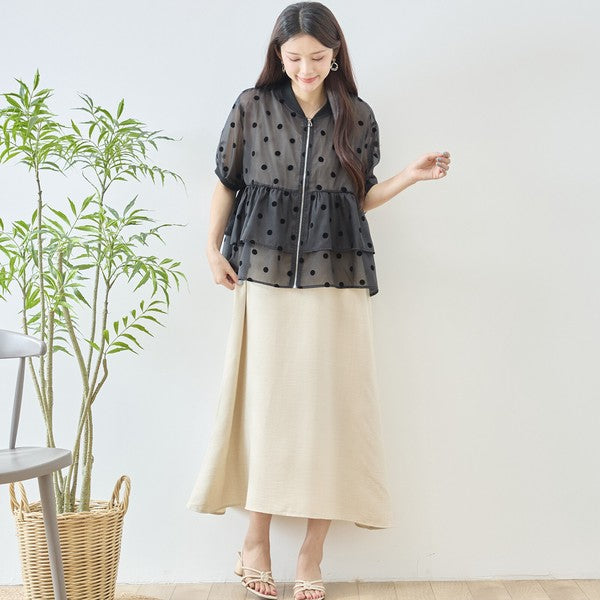 ドット柄 シアー ティアード ジャケット 半袖 ジップアップ 羽織り ゆったり