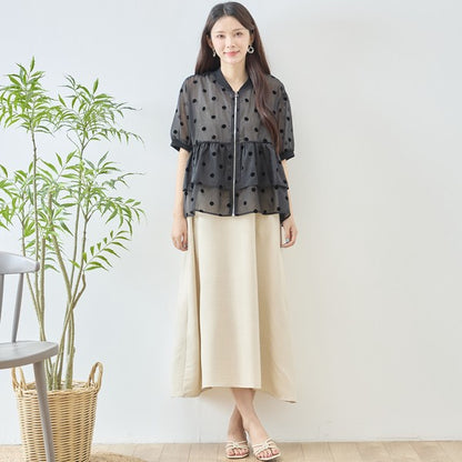 ドット柄 シアー ティアード ジャケット 半袖 ジップアップ 羽織り ゆったり