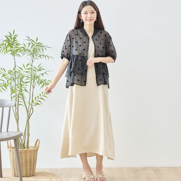 ドット柄 シアー ティアード ジャケット 半袖 ジップアップ 羽織り ゆったり