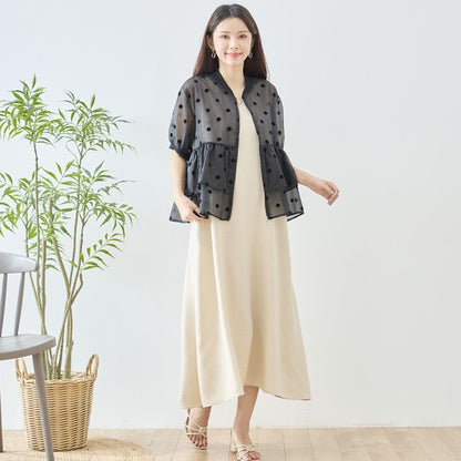 ドット柄 シアー ティアード ジャケット 半袖 ジップアップ 羽織り ゆったり