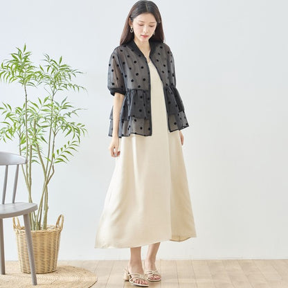 ドット柄 シアー ティアード ジャケット 半袖 ジップアップ 羽織り ゆったり