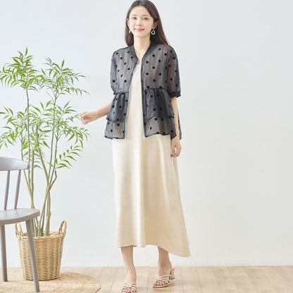 ドット柄 シアー ティアード ジャケット 半袖 ジップアップ 羽織り ゆったり