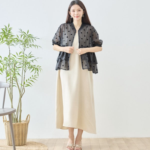 ドット柄 シアー ティアード ジャケット 半袖 ジップアップ 羽織り ゆったり