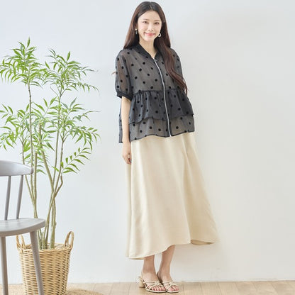 ドット柄 シアー ティアード ジャケット 半袖 ジップアップ 羽織り ゆったり