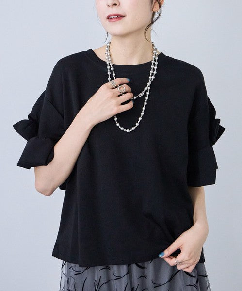 袖リボン Ｔシャツ 半袖 もっちり生地 ゆったり 体型カバー 大人可愛い きれいめ