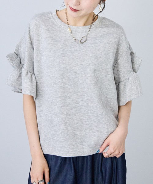 袖リボン Ｔシャツ 半袖 もっちり生地 ゆったり 体型カバー 大人可愛い きれいめ