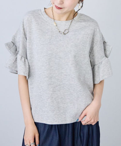 袖リボン Ｔシャツ 半袖 もっちり生地 ゆったり 体型カバー 大人可愛い きれいめ