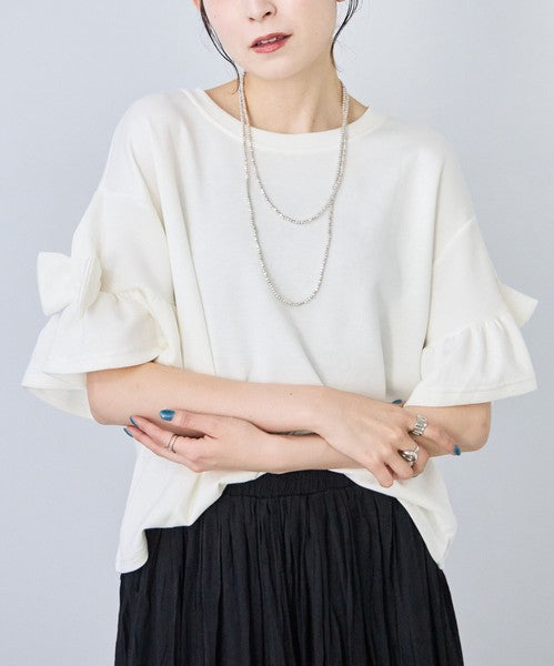 袖リボン Ｔシャツ 半袖 もっちり生地 ゆったり 体型カバー 大人可愛い きれいめ