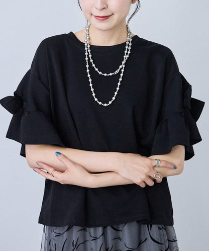 袖リボン Ｔシャツ 半袖 もっちり生地 ゆったり 体型カバー 大人可愛い きれいめ