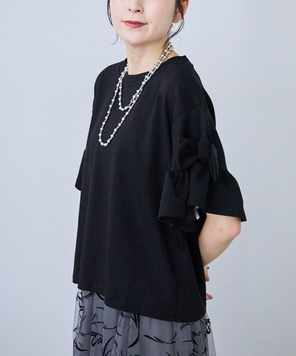 袖リボン Ｔシャツ 半袖 もっちり生地 ゆったり 体型カバー 大人可愛い きれいめ