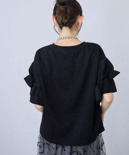 袖リボン Ｔシャツ 半袖 もっちり生地 ゆったり 体型カバー 大人可愛い きれいめ