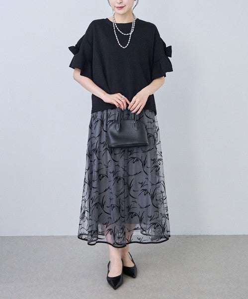 袖リボン Ｔシャツ 半袖 もっちり生地 ゆったり 体型カバー 大人可愛い きれいめ