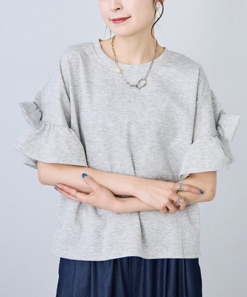 袖リボン Ｔシャツ 半袖 もっちり生地 ゆったり 体型カバー 大人可愛い きれいめ