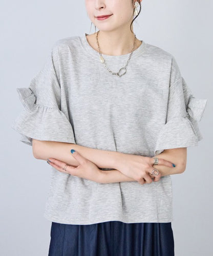 袖リボン Ｔシャツ 半袖 もっちり生地 ゆったり 体型カバー 大人可愛い きれいめ