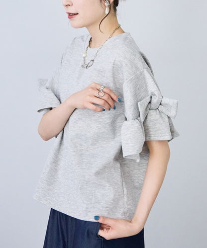 袖リボン Ｔシャツ 半袖 もっちり生地 ゆったり 体型カバー 大人可愛い きれいめ