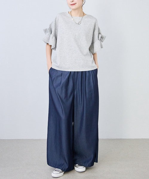 袖リボン Ｔシャツ 半袖 もっちり生地 ゆったり 体型カバー 大人可愛い きれいめ