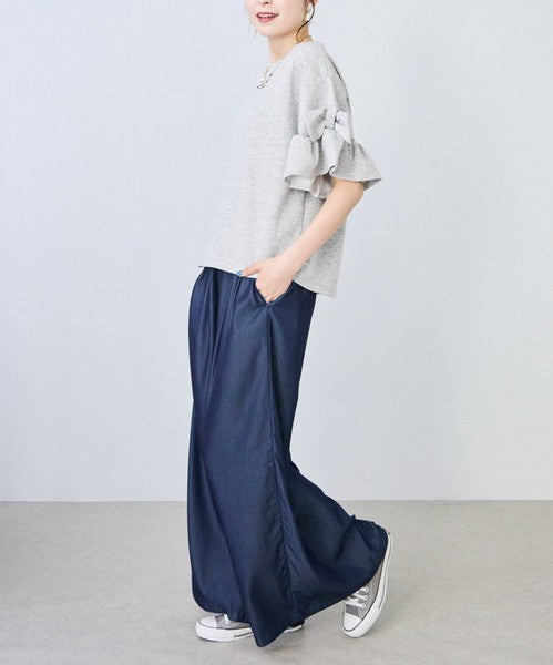 袖リボン Ｔシャツ 半袖 もっちり生地 ゆったり 体型カバー 大人可愛い きれいめ