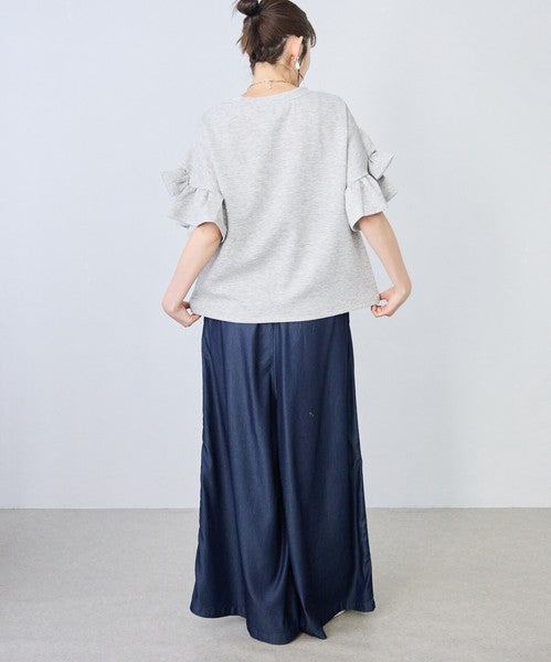 袖リボン Ｔシャツ 半袖 もっちり生地 ゆったり 体型カバー 大人可愛い きれいめ