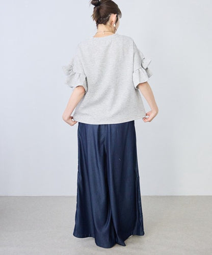 袖リボン Ｔシャツ 半袖 もっちり生地 ゆったり 体型カバー 大人可愛い きれいめ