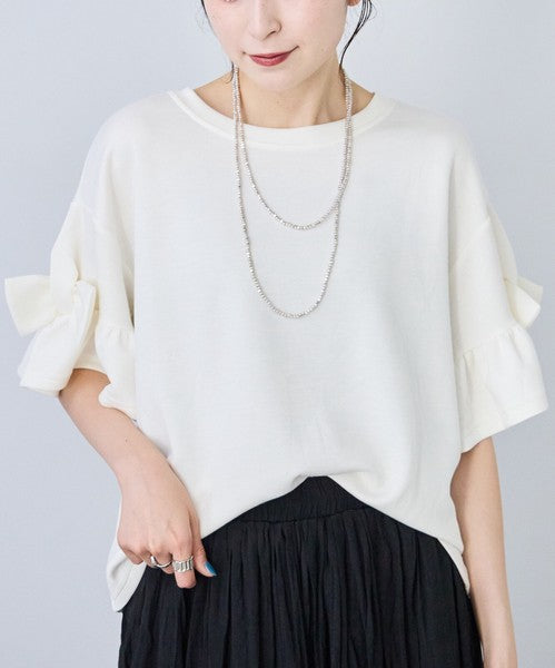 袖リボン Ｔシャツ 半袖 もっちり生地 ゆったり 体型カバー 大人可愛い きれいめ
