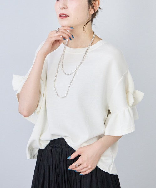 袖リボン Ｔシャツ 半袖 もっちり生地 ゆったり 体型カバー 大人可愛い きれいめ