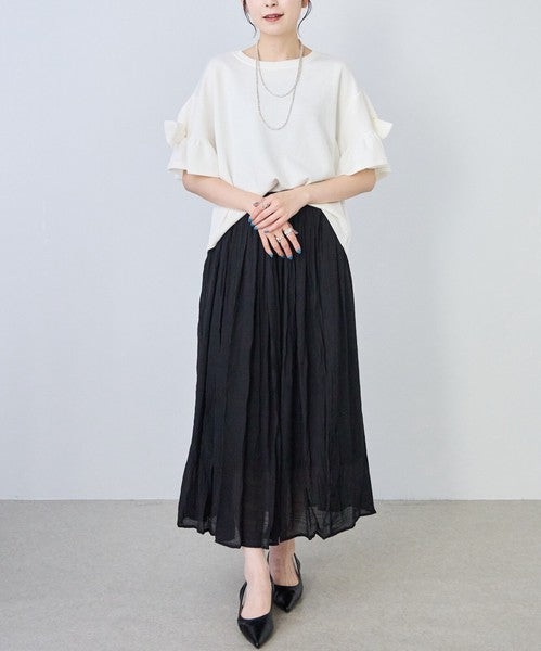 袖リボン Ｔシャツ 半袖 もっちり生地 ゆったり 体型カバー 大人可愛い きれいめ