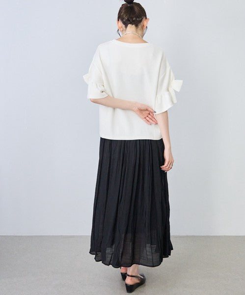 袖リボン Ｔシャツ 半袖 もっちり生地 ゆったり 体型カバー 大人可愛い きれいめ