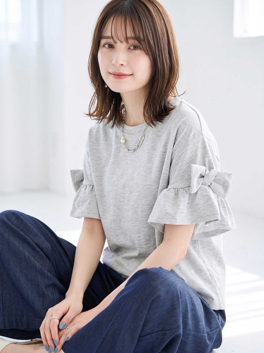 袖リボン Ｔシャツ 半袖 もっちり生地 ゆったり 体型カバー 大人可愛い きれいめ