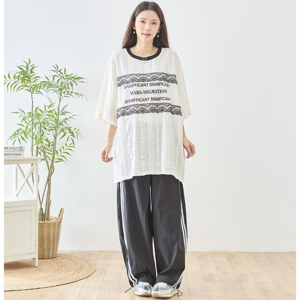 胸元 レース 装飾 アイレット ビッグ トップス 春夏 半袖 ゆったり 体型カバー L-LL