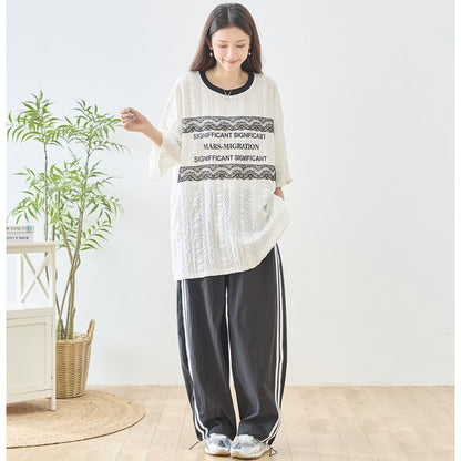 胸元 レース 装飾 アイレット ビッグ トップス 春夏 半袖 ゆったり 体型カバー L-LL