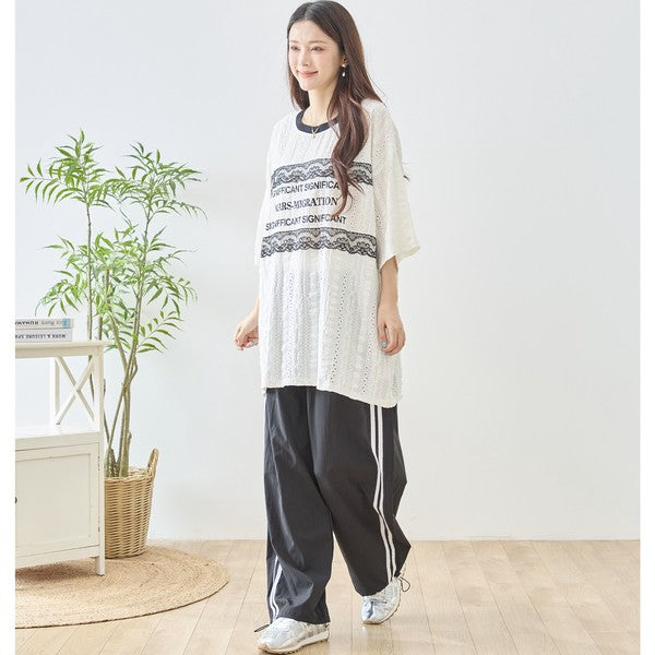 胸元 レース 装飾 アイレット ビッグ トップス 春夏 半袖 ゆったり 体型カバー L-LL