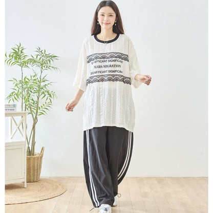 胸元 レース 装飾 アイレット ビッグ トップス 春夏 半袖 ゆったり 体型カバー L-LL