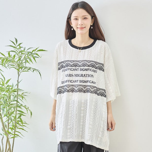 胸元 レース 装飾 アイレット ビッグ トップス 春夏 半袖 ゆったり 体型カバー L-LL