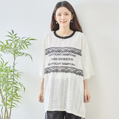胸元 レース 装飾 アイレット ビッグ トップス 春夏 半袖 ゆったり 体型カバー L-LL