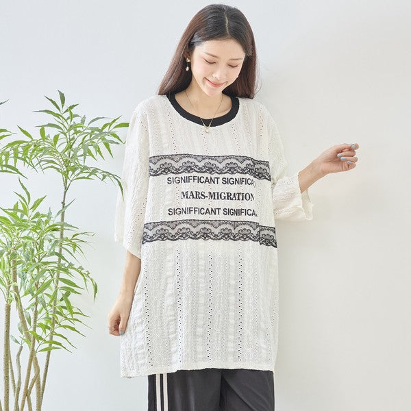 胸元 レース 装飾 アイレット ビッグ トップス 春夏 半袖 ゆったり 体型カバー L-LL