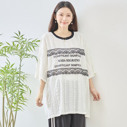 胸元 レース 装飾 アイレット ビッグ トップス 春夏 半袖 ゆったり 体型カバー L-LL