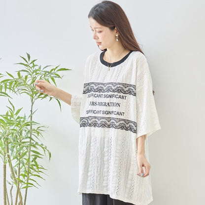 胸元 レース 装飾 アイレット ビッグ トップス 春夏 半袖 ゆったり 体型カバー L-LL