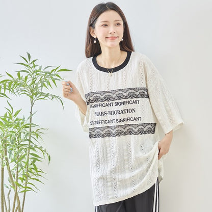 胸元 レース 装飾 アイレット ビッグ トップス 春夏 半袖 ゆったり 体型カバー L-LL