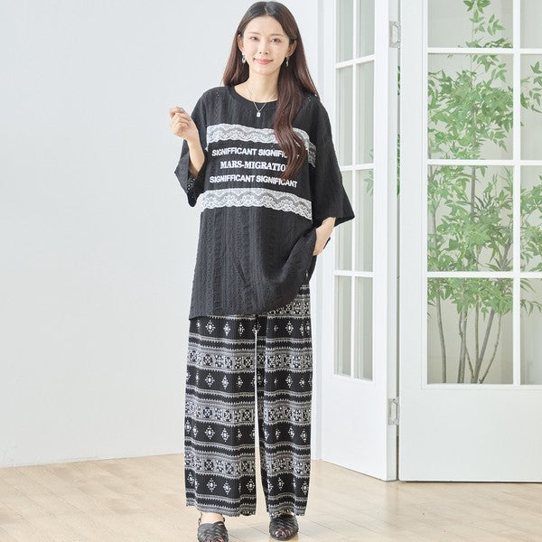 胸元 レース 装飾 アイレット ビッグ トップス 春夏 半袖 ゆったり 体型カバー L-LL
