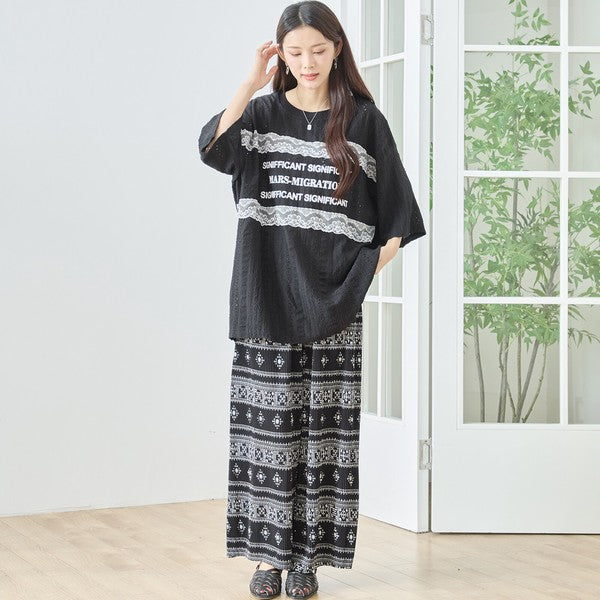 胸元 レース 装飾 アイレット ビッグ トップス 春夏 半袖 ゆったり 体型カバー L-LL