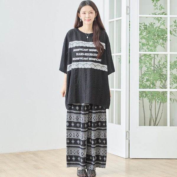 胸元 レース 装飾 アイレット ビッグ トップス 春夏 半袖 ゆったり 体型カバー L-LL