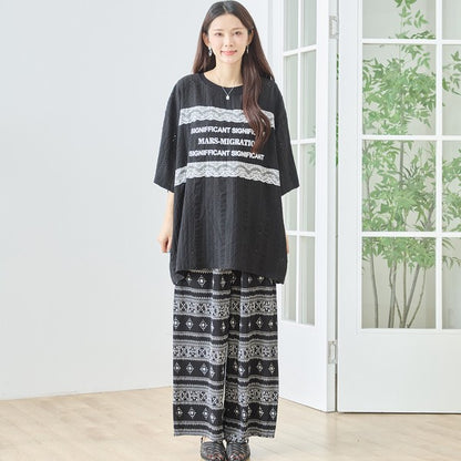 胸元 レース 装飾 アイレット ビッグ トップス 春夏 半袖 ゆったり 体型カバー L-LL